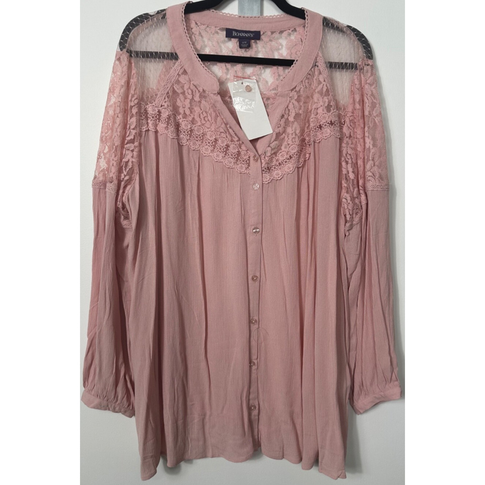 NEW Roaman's Blouse Women's Pink Rayon Lace LS Eyelet Crochet Boho Size 22W A59